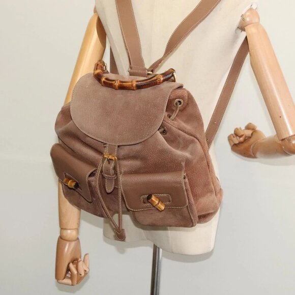 GUCCI Bamboo Backpack Suede Brown Gold - Picture 1 of 16